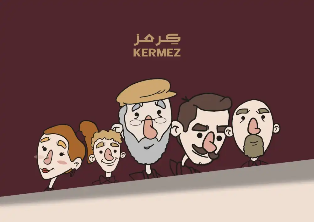 Cartoon-style illustration of five characters under the Kermez cafe logo on a maroon background.