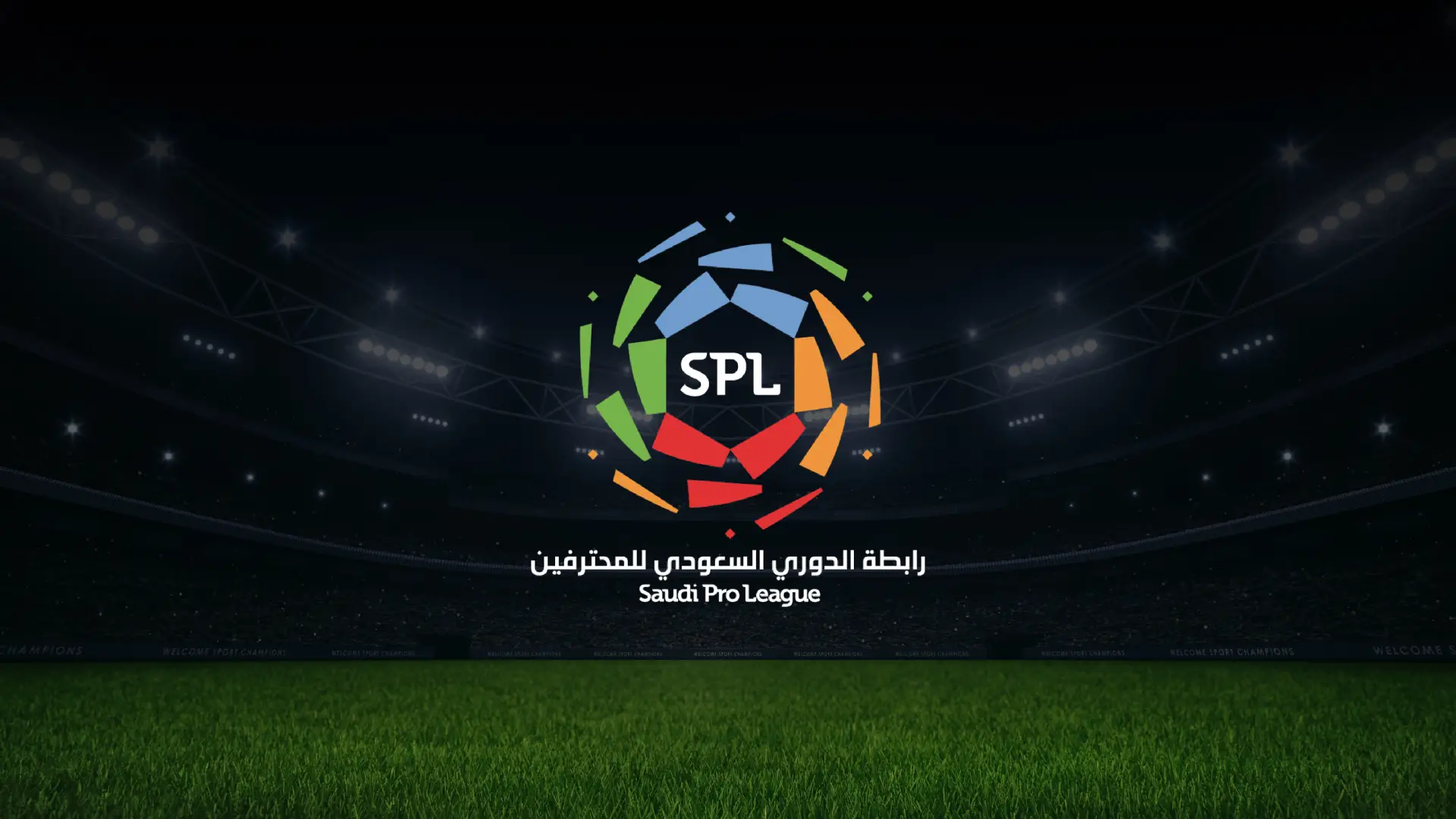 Saudi Pro League logo displayed in the center of a dimly lit football stadium with a green pitch